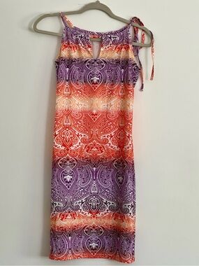 Boutique Paisley Bodycon Dress Small Purple Orange Keyhole Stretch